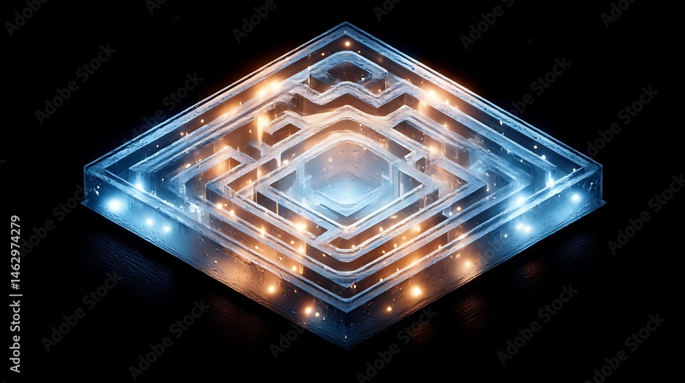 Poster abstract glowing labyrinth structure with radiant particles on dark background