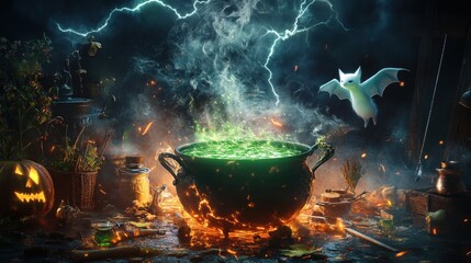 Mystical cauldron with green potion, surrounded by dark magic.