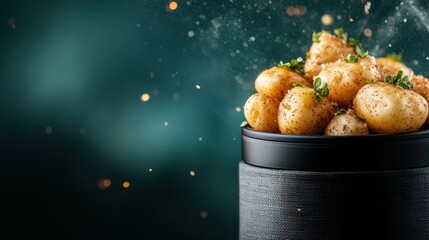 A delightful bowl of freshly cooked potatoes, sprinkled with herbs and spices, creating an appetizing visual that radiates warmth, comfort, and culinary joy for any meal.