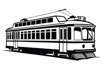 style illustrates an old fashioned railway tram painted in black and white color