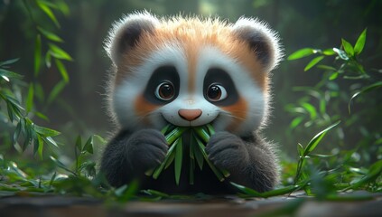 Fototapeta premium Adorable panda cub eating bamboo in forest