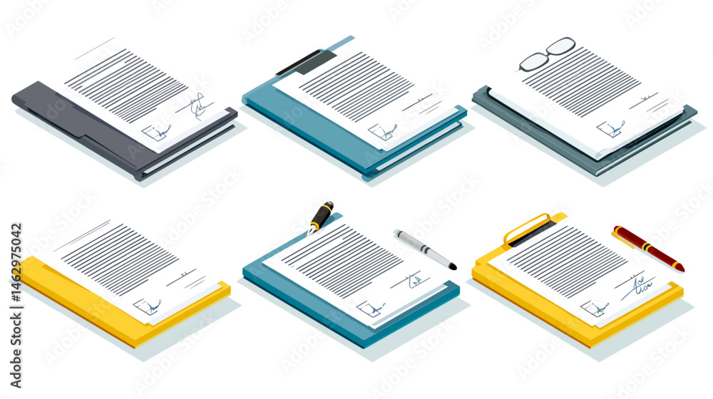 Poster document signing isometric set simple vector on white background -