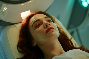 Young boy with freckles looks pensively toward doctor during medical exam view.