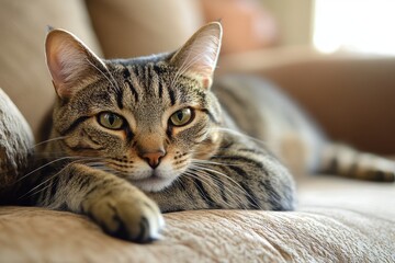 Cozy Domestic Tabby Cat Relaxing in a Lively Indoor Living Space
