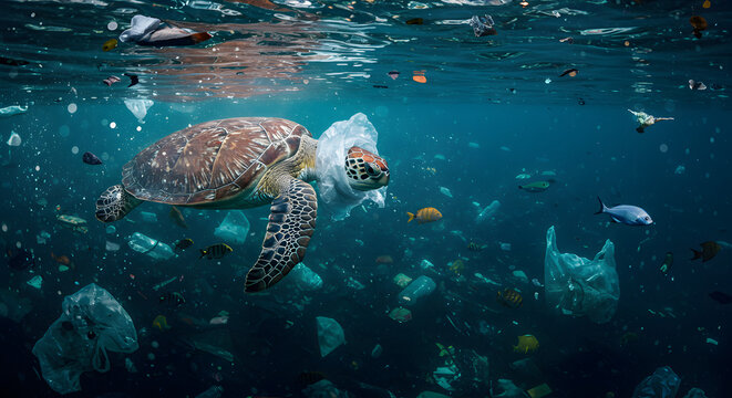A sea turtle, hawksbill turtle dives among plastic waste, symbolic image for endangered species, marine animals pollution, pollution of the oceans