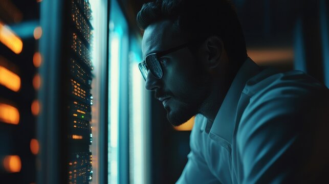 Dedicated Security Professional: Male IT Specialist Collaborating with Digital Infrastructure in a Server Farm Environment
