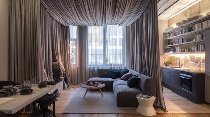 Modern studio apartment with flowing curtains as dividers 