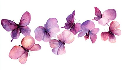 Obraz premium Delicate Swarm of Pink and Purple Butterflies in a Watercolor Flourish on a Pristine White Canvas