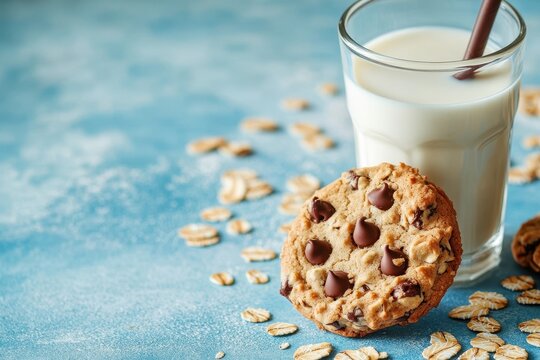 Delicious Oatmeal Cookies with Chocolate Drops and Refreshing Milk in a Tumbler Against a Bright Blue Backdrop