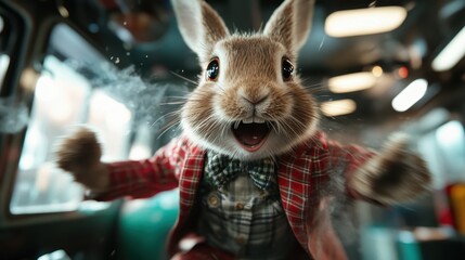 A lively rabbit dressed in a stylish plaid suit joyfully runs, radiating happiness and playfulness, bringing a touch of whimsy and charm to any environment.