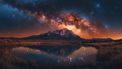 Fototapeta premium Mountain lake Milky Way reflection night sky landscape
