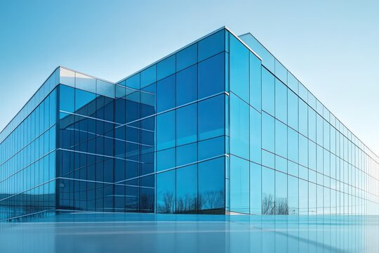 Modern glass office building with reflective windows against clear blue sky showcasing sleek geometric architecture
