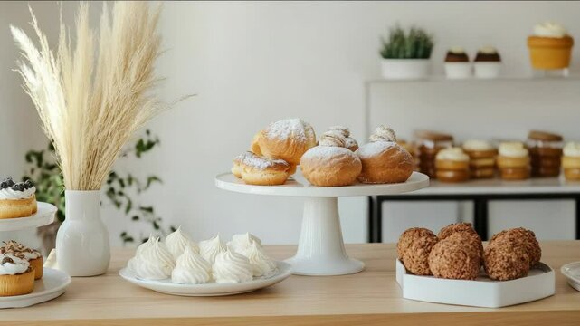 A table with a variety of desserts including donuts, cakes, and pastries. There are also some vases on the table