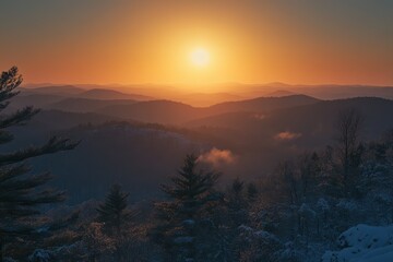 Serene Sunset Over Blue Ridge: A Beautiful Evening View of Sunbeams Casting Rays Behind Cowee Mountain