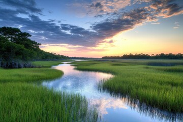 Obraz premium Serene Sunset Over Matanzas River: A Tranquil Marsh Landscape in St. Augustine, Florida