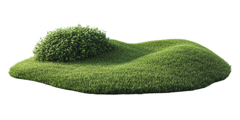 Isolated lush green grass hill with small bush 3d render high resolution on transparent background