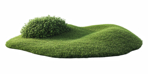 Isolated lush green grass hill with small bush 3d render high resolution on transparent background