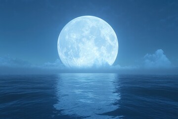 Serene Water Moon: A Tranquil Blue Moonlit Night Over a Calm Ocean