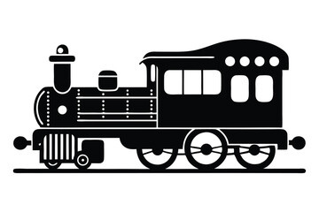 Detailed vintage train engine and passenger car are presented in solid black silhouette