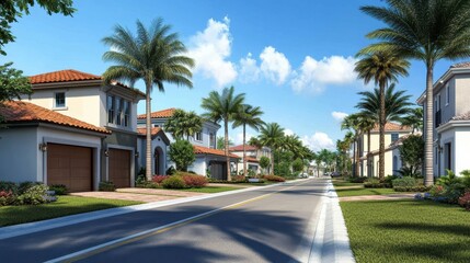 Fototapeta premium Serene Gated Community Homes Surrounded by Lush Palm Trees and Paved Streets in Sunny South Florida