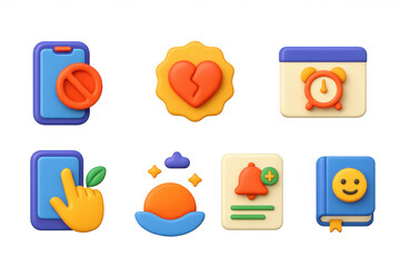 Fototapeta premium 3D icon set of mindful technology use: focus mode icon, app detox badge, digital well-being meter, screen time reminder, mindful scrolling badge, digital sunset routine, healthy notifications card,