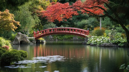 Serene Japanese Garden Bridge Over Tranquil Water: A Peaceful Retreat Surrounded by Lush Botanicals and Graceful Trees
