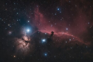 Horsehead Nebula emerging from colorful nebula and shining stars