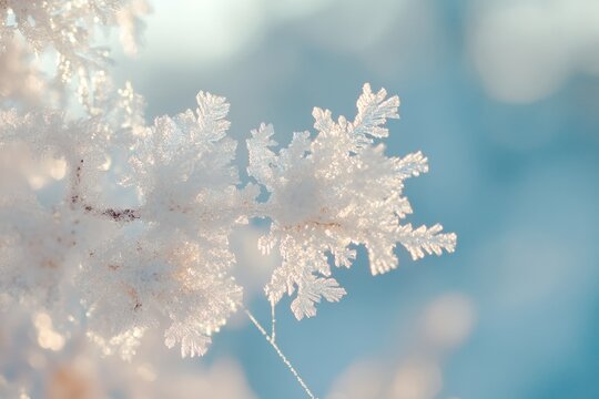 Delicate frost crystals adorn a branch, sparkling in the soft winter sunlight.