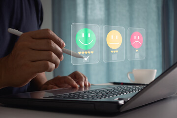 Customer service experience and satisfaction survey concept. Business service experience rating from online application, customers evaluate service quality which leads to business reputation ranking.