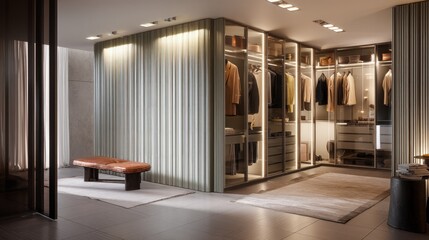 Modern walk-in wardrobe with fluted panels and soft lights  