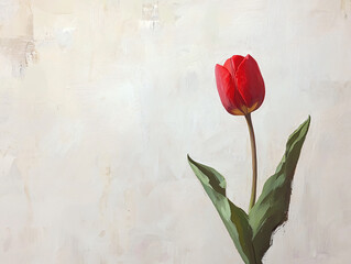 Red Tulip Flower Nature Botanical Art Single Green Leaf Minimalist Decorative Spring Beauty Natural Background Modern Elegant Design Vibrant Floral Studio Isolation Rejuvenation Growth
