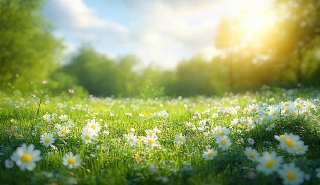 Sunlit meadow filled with blooming white daisies and green grass under a bright blue sky with scattered clouds and lush trees in the background