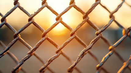 Fototapeta premium A close-up of a rusty chain link fence intertwined with a golden sunset evokes feelings of nostalgia and resilience, offering a striking view of nature and urban life.