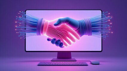 A human and an AI agent shake hands at a digital interface, representing AGI and ASI singularity in artificial intelligence collaboration, trust, and the fusion of human and machine intelligence