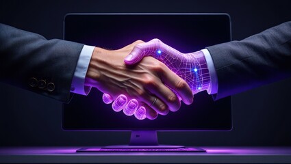 A human and an AI agent shake hands at a digital interface, representing AGI and ASI singularity in artificial intelligence collaboration, trust, and the fusion of human and machine intelligence
