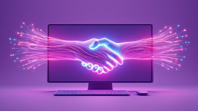 A human and an AI agent shake hands at a digital interface, representing AGI and ASI singularity in artificial intelligence collaboration, trust, and the fusion of human and machine intelligence
