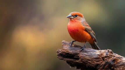 A vividly colored red bird stands gracefully on a wooden log, surrounded by softly blurred natural environments, symbolizing freedom, beauty, and the peaceful essence of wildlife.