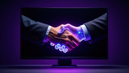 A human and an AI agent shake hands at a digital interface, representing AGI and ASI singularity in artificial intelligence collaboration, trust, and the fusion of human and machine intelligence