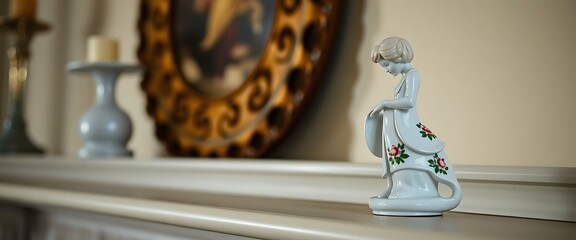 white figurine sitting on top of a mantle
