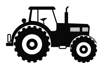 Black tractor with cabin and large wheels is facing right on white background