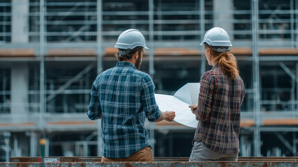 Architect and civil engineer reviewing blueprints on site with visible steel structure and scaffolding in background