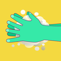 Cartoon design illustrating hand hygiene with soap bubbles on a vibrant yellow background emphasizing cleanliness and health awareness.