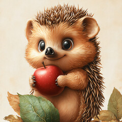 charming cartoon hedgehog with apple