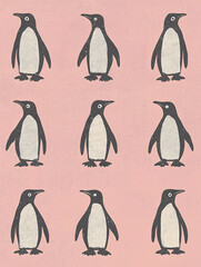 Penguin Illustration Animal Design Pattern Artwork Graphic Background Colorful Fun Childlike Playful Whimsical Print Textile Decorative Card Wallpaper Nature Family Living Soft Pink Black 