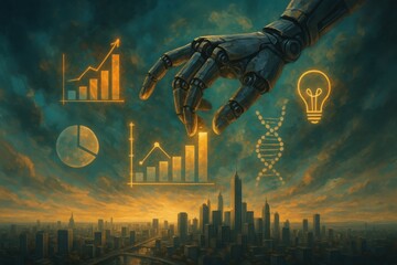 A futuristic digital landscape featuring a robotic hand manipulating graphs and symbols, symbolizing the intersection of technology, innovation, and business growth.
