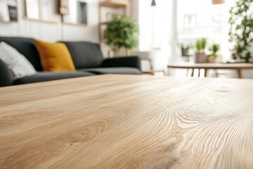 Close-up of light-brown wooden coffee table top, with blurred view of modern living room, featuring a dark gray sofa and yellow cushions, plants, and a light wooden coffee table