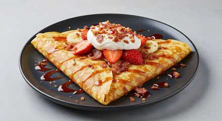 Delicious Sweet and Savory Crepe Strawberries, Bananas, Bacon, and Whipped Cream