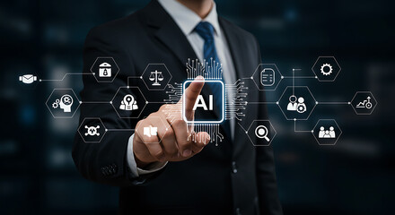 Businessman Interacting with AI Network: Modern Technological Visualization