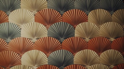 A decorative backdrop of numerous paper fans in varied colors.  The fans are arranged in a repeating pattern, creating a visually interesting surface