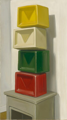 Colorful stacked blocks on mantelpiece, minimalist interior, still life painting, art